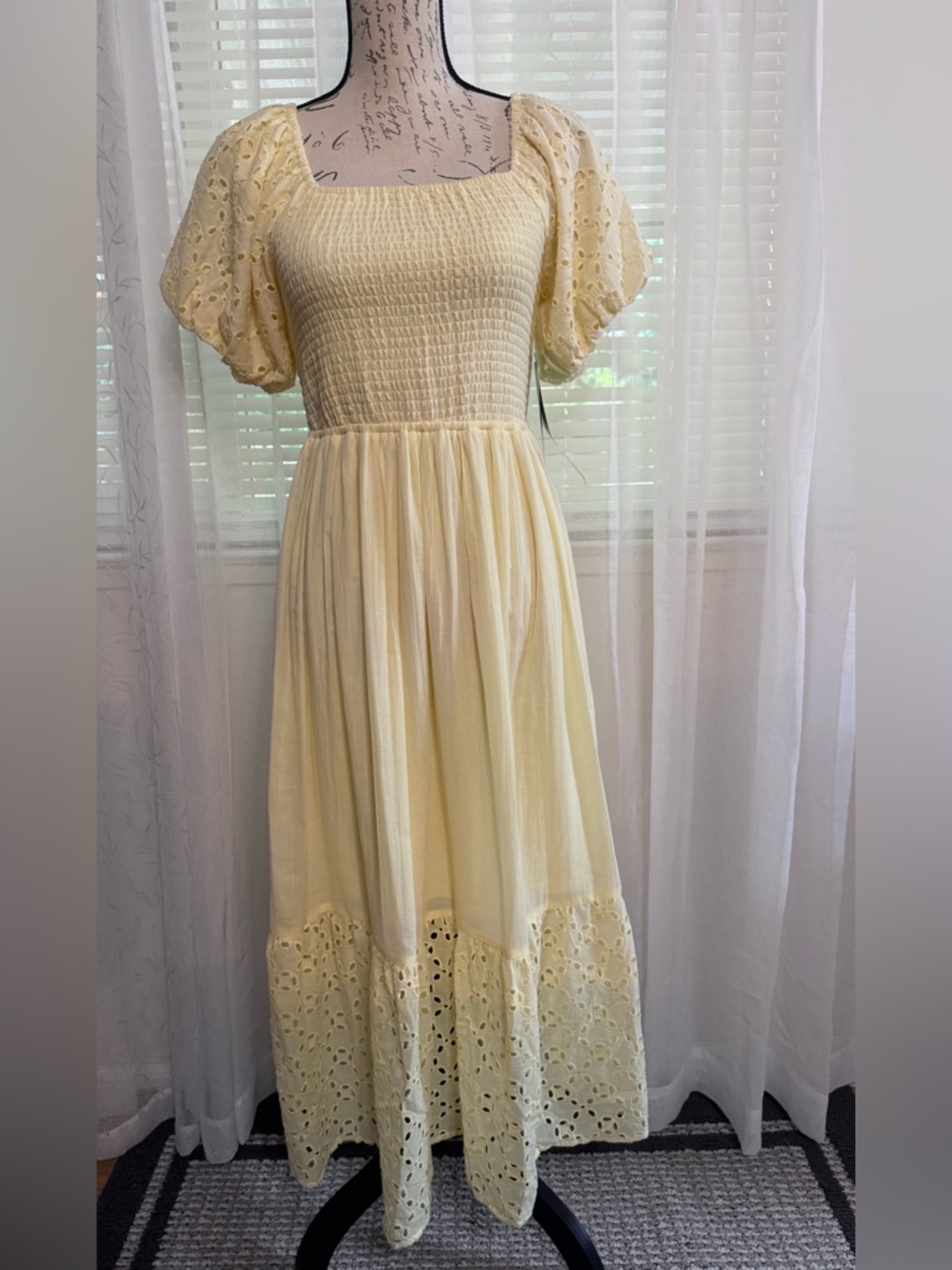 Smocked Square-Neck Maxi Dress in Soft Yellow with Puff Sleeves